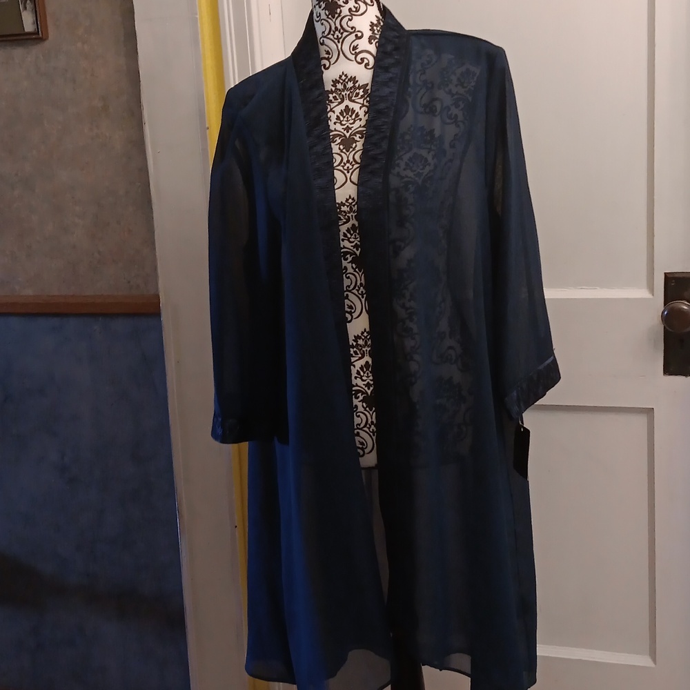  Le Bos Women's  RichTeal Fortuny Trim Long Jacket With Satin Trim NWT Size 18 W